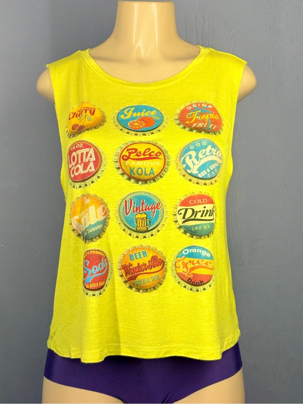Pink & Berry Neon Vintage Bottle Cap Graphic Muscle Tank Tee Top Size M